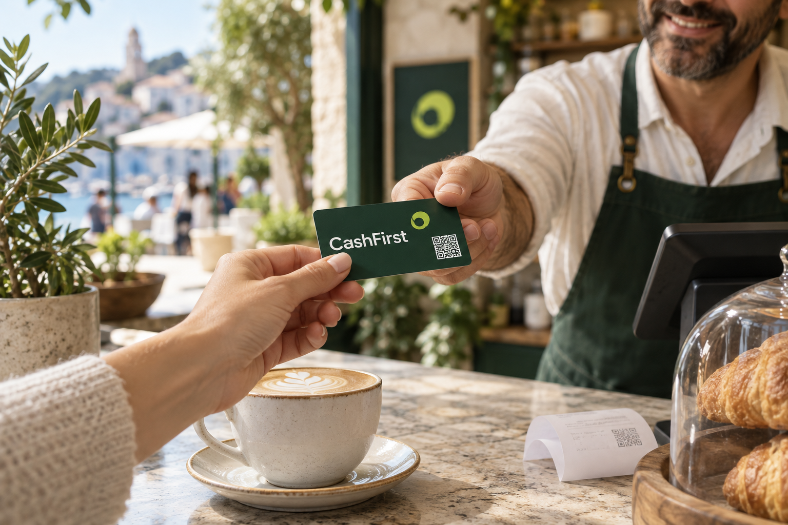 Entrega de una tarjeta CashFirst en una cafetería. Imagen de marca ilustrativa.